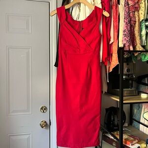 ROCK STEADY red sleeveless surplice mod pinup retro midi dress